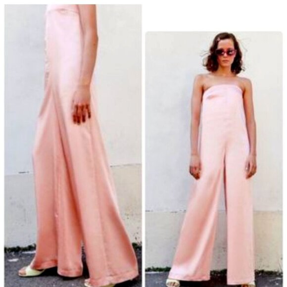 NWT ZARA Womens Strapless Pink Satin Wide Leg Jumpsuit Bloggers Favorite Size l - Picture 1 of 14